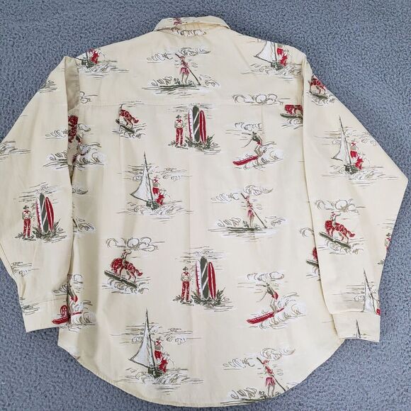VINTAGE Barn Fly Shirt Mens Small Yellow Hawaiian AOP‎ Windsurfing USA Cotton LS - Picture 10 of 10